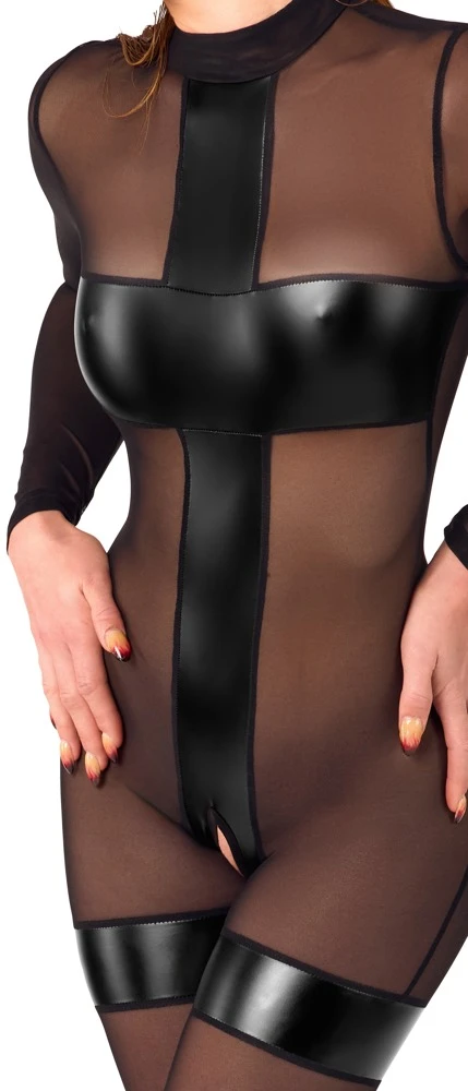Noir Handmade Transparenter Ouvert-Overall mit blickdichten Powerwetlook-Einsätzen, langen Ärmeln und Beinen, Strumpfbändern und offenem Schritt