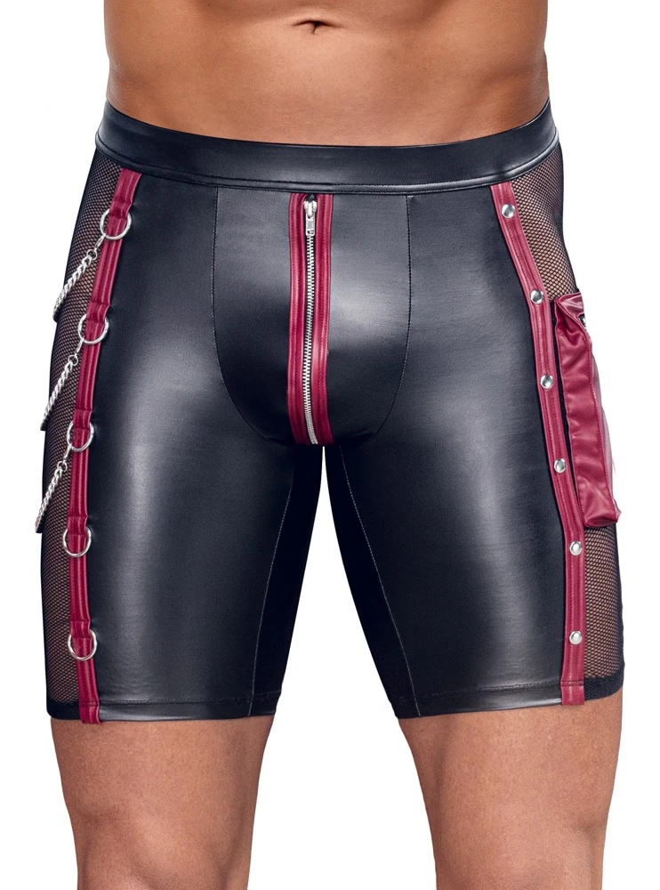 Herren Pants, NEK Pants im schwarzen Mattlook mit roten Kontrasten, seitlichem Netz, Reißverschluss im Beutel, Ringen und Karabiner-Ketten