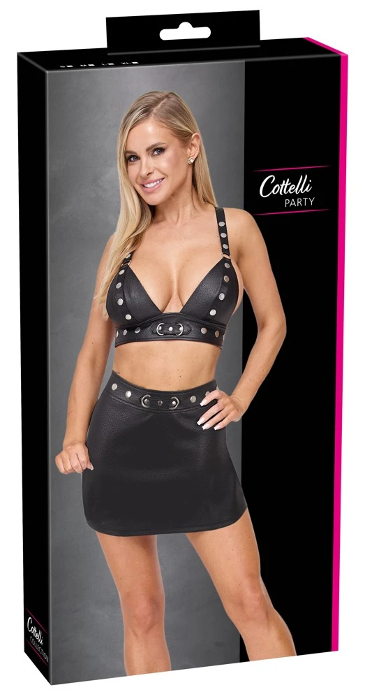 BH-Top & Minirock Set sexy Club Set aus schwarzem Lederimitat mit Nieten, Ringen und Rücken-Cross-Trägern hinten Zip Cottelli PARTY