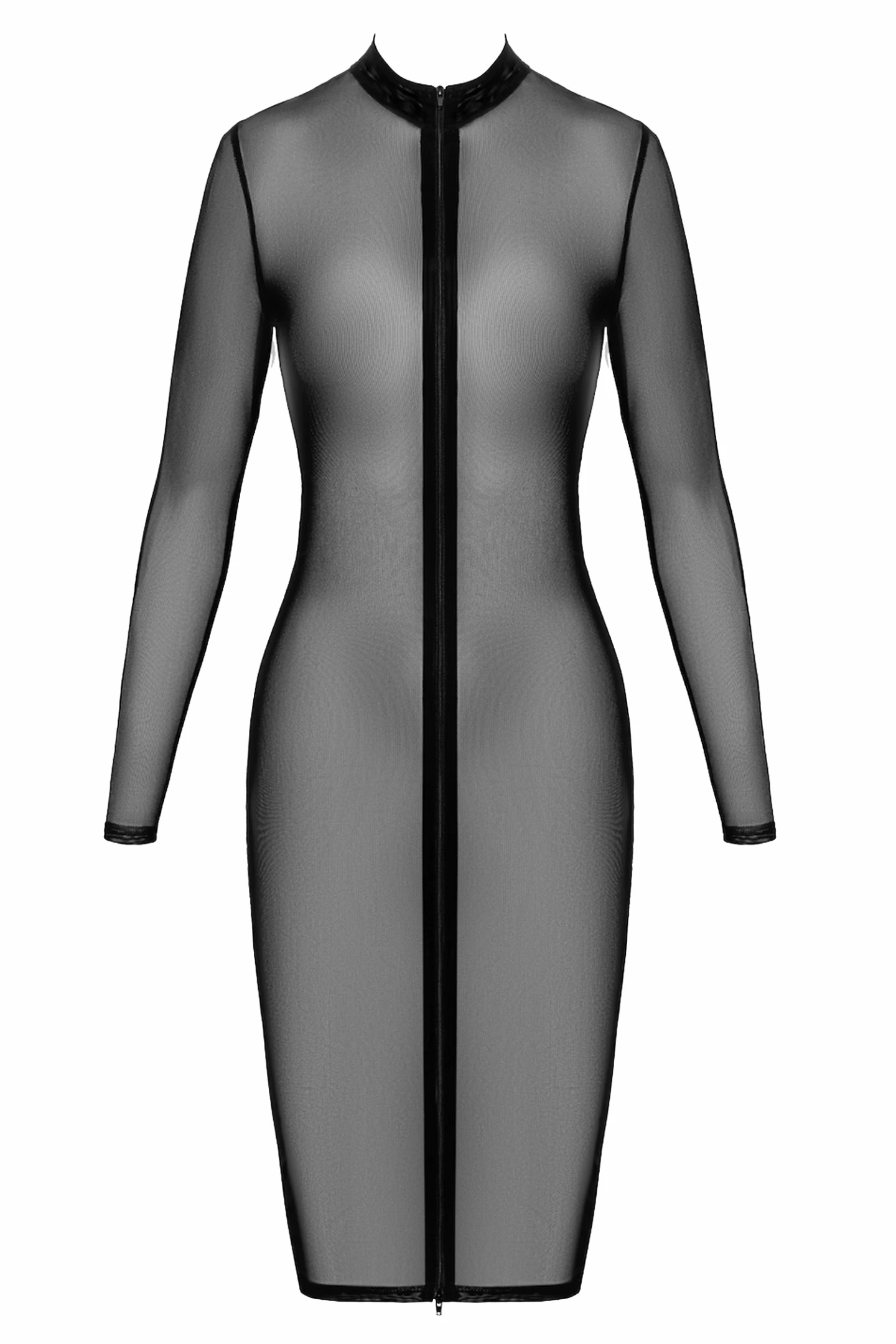 F347 halblanges Kleid aus feinem Netz, Knielanges Netzkleid mit 2-Wege-Reißverschluss, langen Ärmeln, Transparentes Feines Netz Stehkragen Kleid