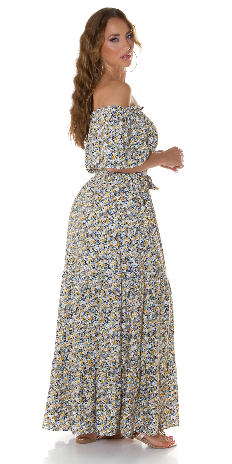 Off Shoulder Flower Printed Maxi Kurzarm Kleid mit Gürtel Off Shoulder Flower Printed Maxi Kurzarm Kleid mit Gürtel