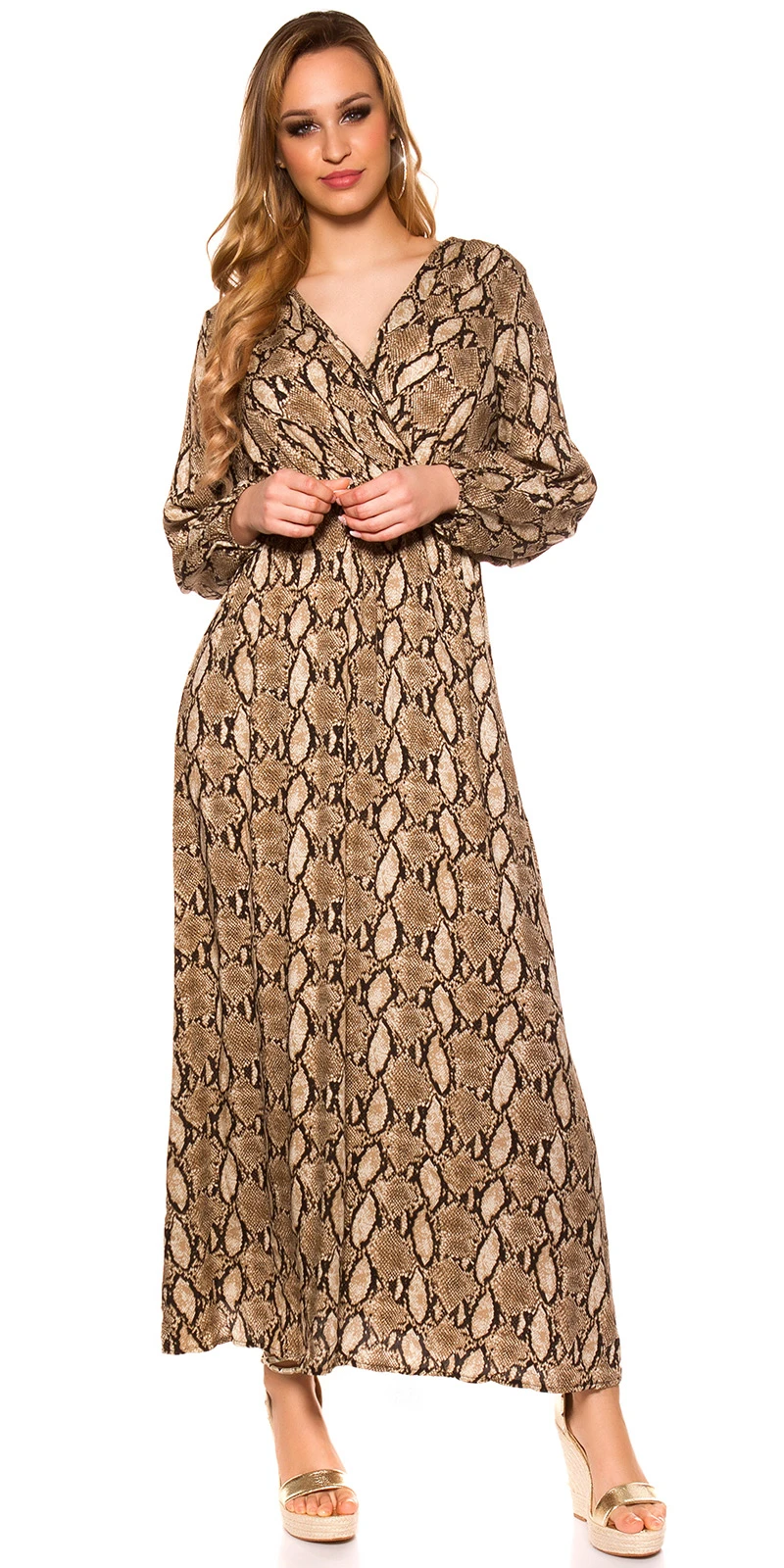 Maxi Kleid Schlangen Print Wickel V-Neck Langarm Maxi Kleid Schlangen Print Wickel V-Neck Langarm