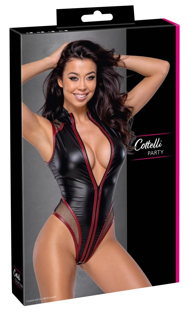 Rio Body Mattlook Mesh 3-Wege-Reißverschluss Stehkragen transparent hoher Beinausschnitt elastisch schwarz/rot – Cottelli PARTY