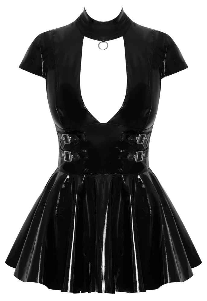 Lack-Minikleid mit Cut-out, Taillenschnallen und Stehkragen – femininer Power-Look im glänzenden Black-Level-Stil Black Level