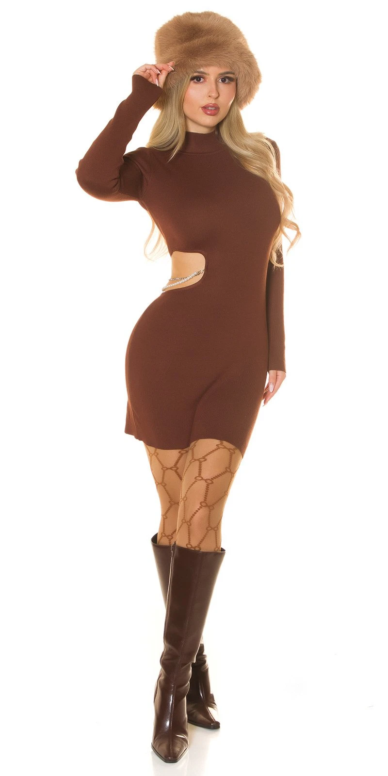 Sexy Stylisches Strickkleid in Uni mit hohem Kragen, Cut-Out und Kettendetails an der Taille für einen modernen, eleganten Look Sexy Stylisches Strickkleid in Uni mit hohem Kragen, Cut-Out und Kettendetails an der Taille für einen modernen, eleganten Look