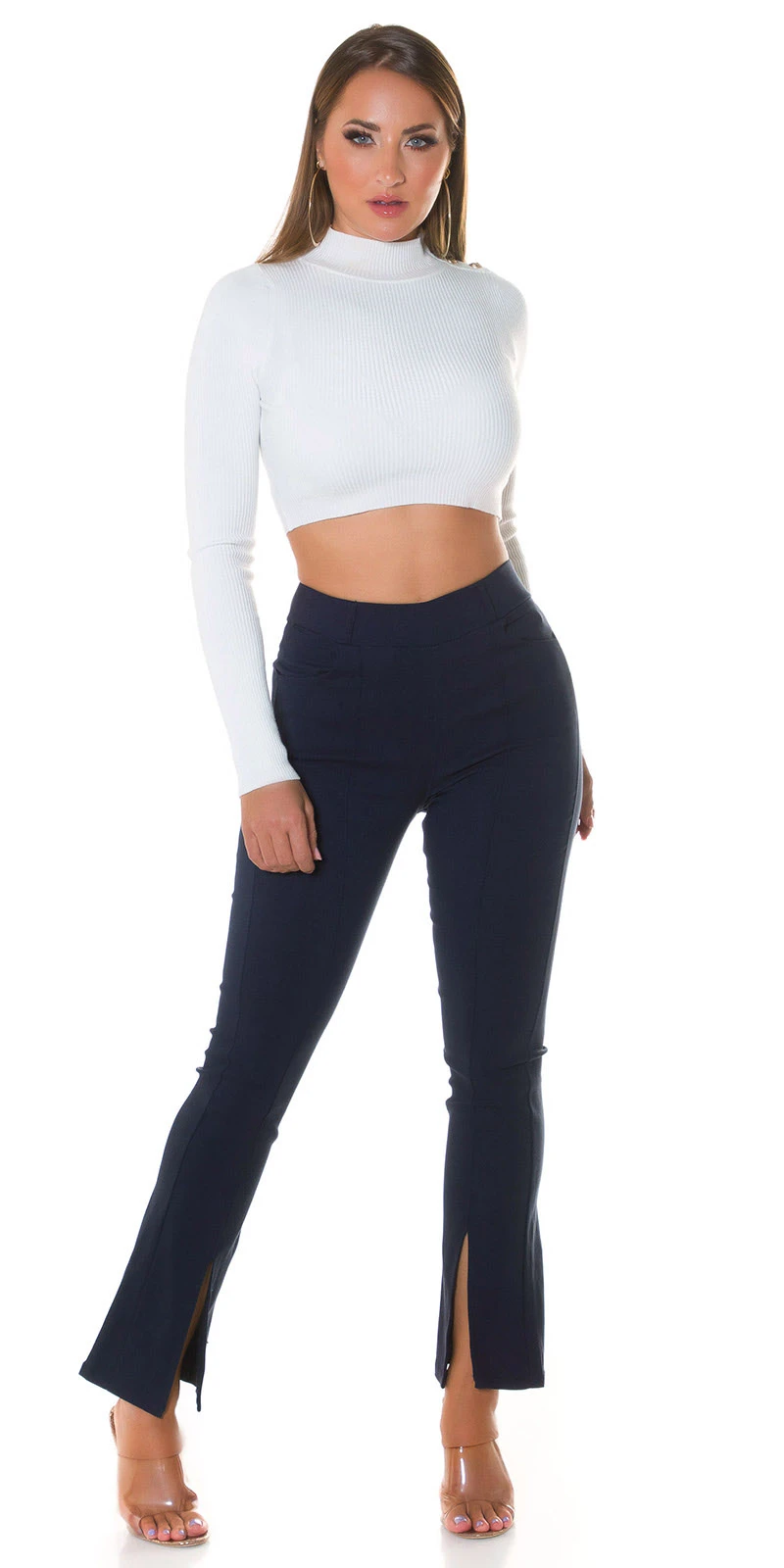 Business High Waist Schlag Treggings mit Deko Naht und Schlitz Business High Waist Schlag Treggings mit Deko Naht und Schlitz
