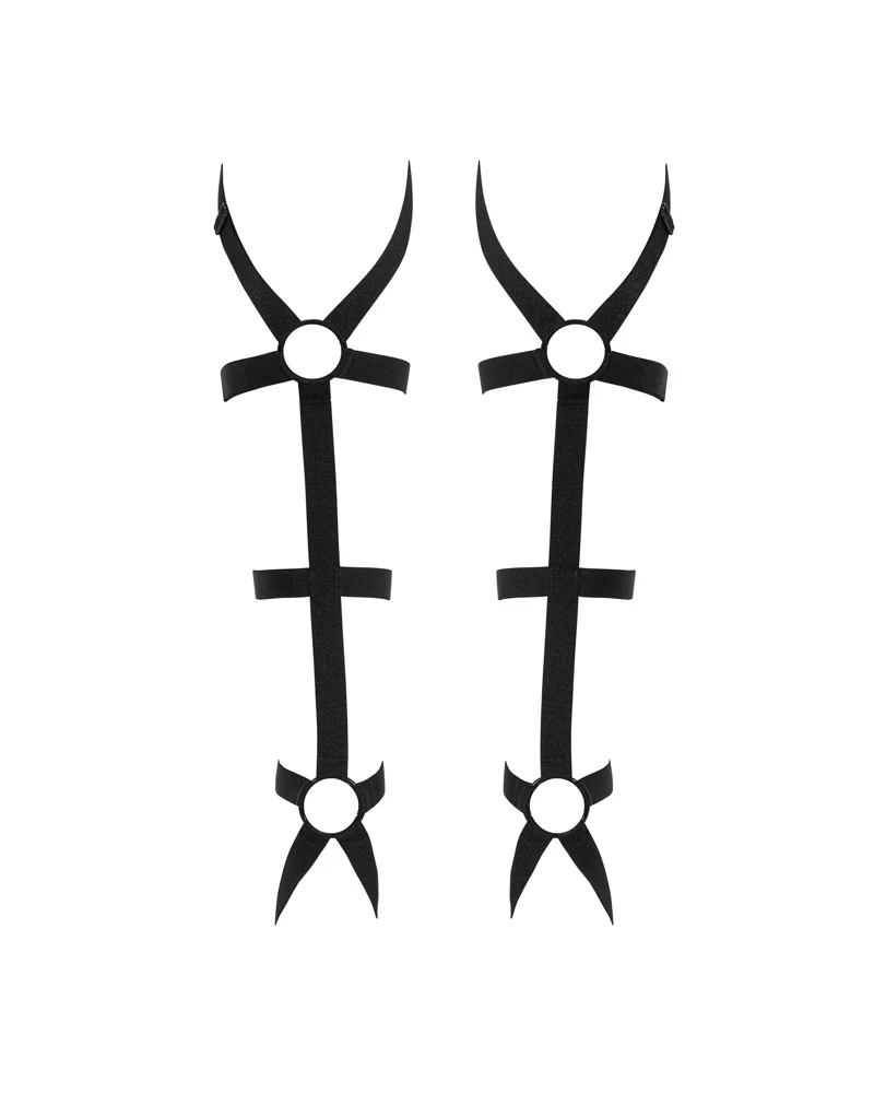 Obsessive ein Paar schwarze Beinstulpen Armares in Riemen-Optik mit dekorativen Ringen. Schmiegen sich elastisch und weich an von Knie bis Fuß.