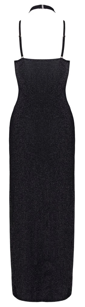 Langes schwarzes Kleid mit Silberglitzer von Cottelli PARTY im rückenfreien Neckholder-Stil mit Cup-Bügeln und zweifach hohem Schlitz vorne