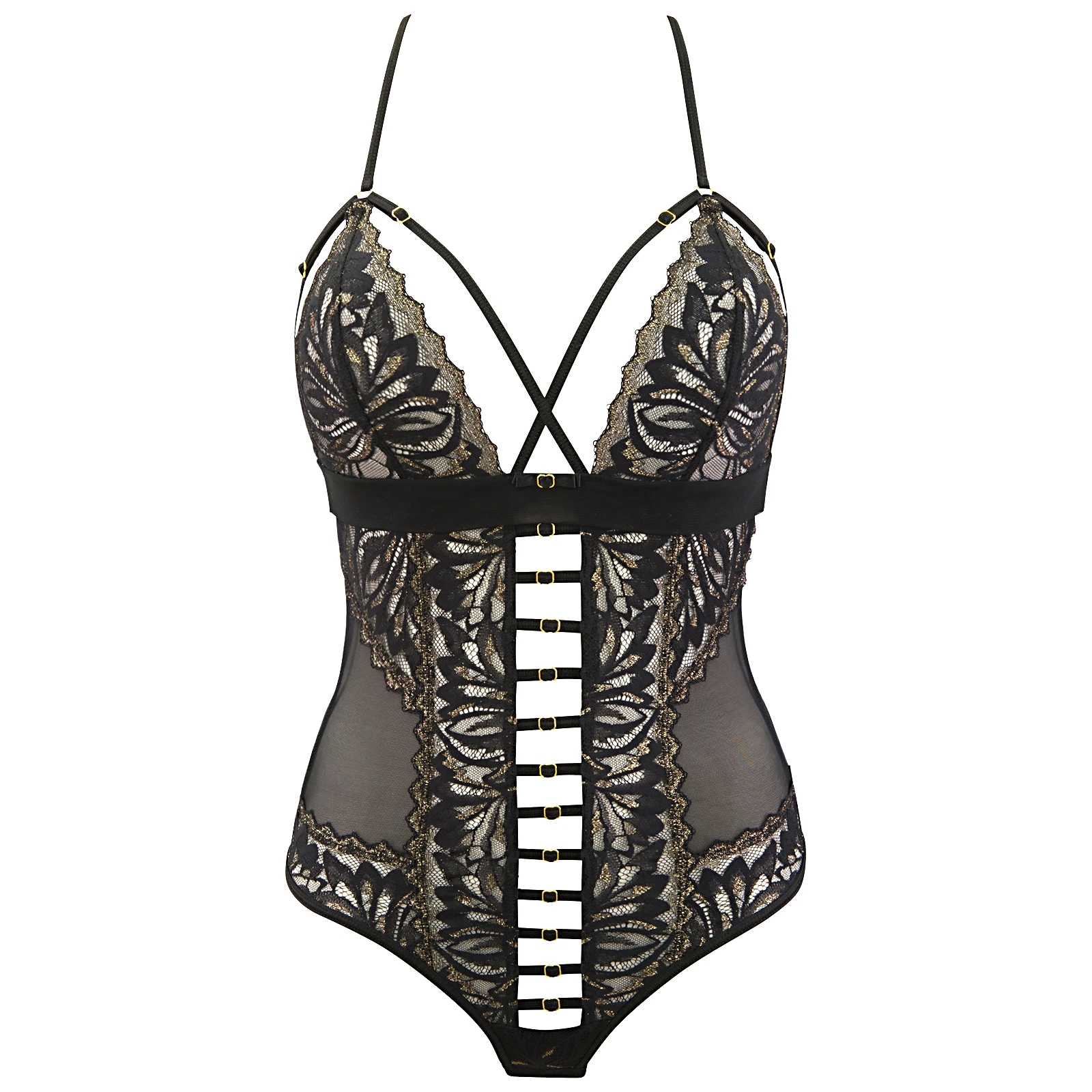 Axami schwarzer reizvoller Body mit goldfarbenen Ornamenten und Cut Outs