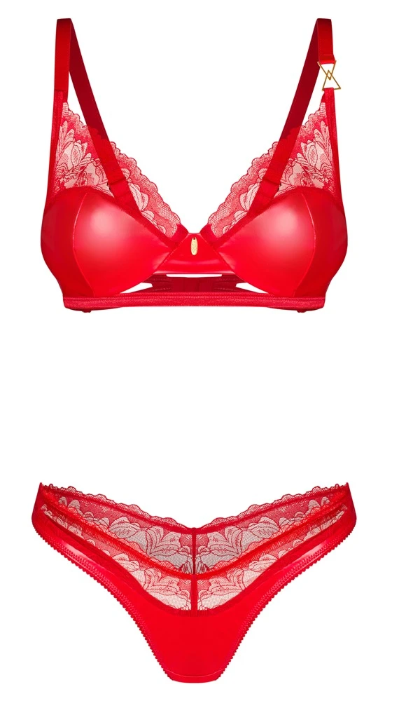Aliosa Set von Obsessive: Sinnliches Rot, glatter Glanz & zarte Floral-Spitze, BH und Riostring