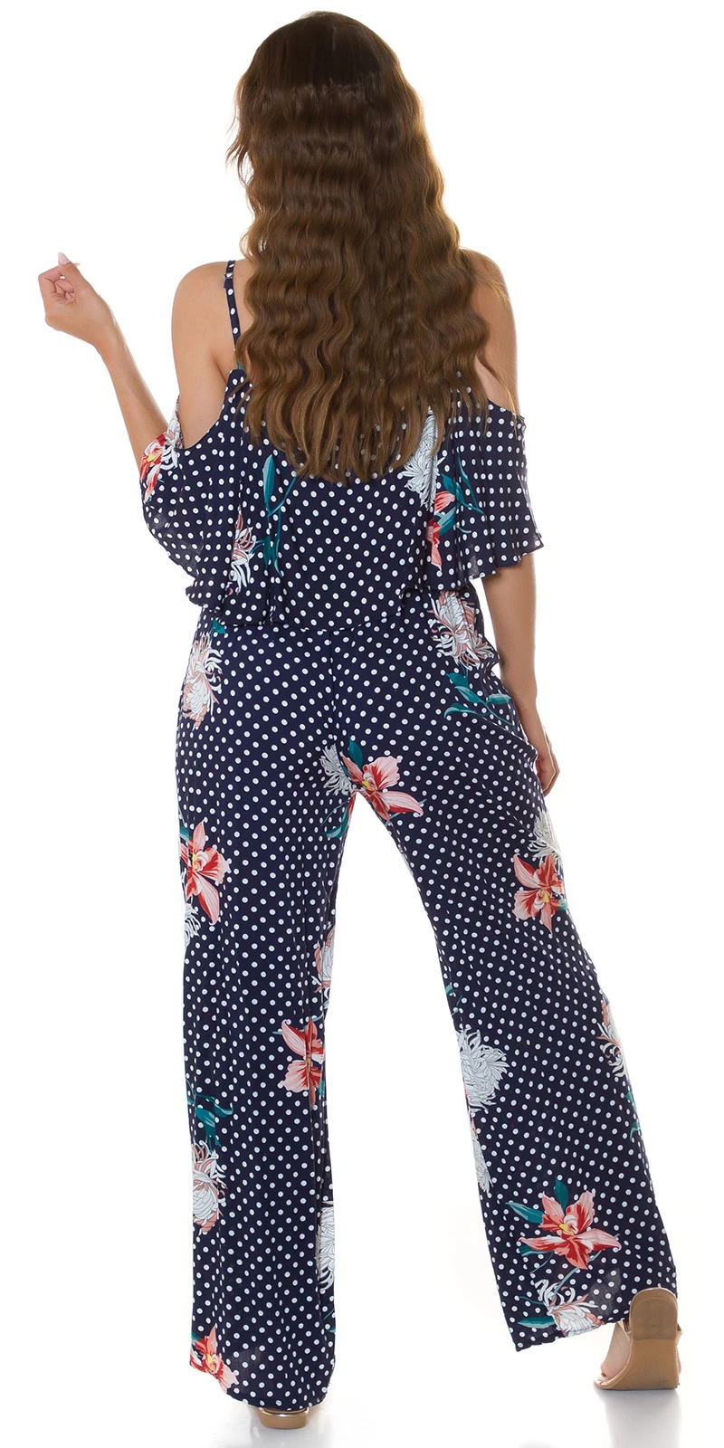 Marlene Maxi Viskose Jumpsuit im Cold Shoulder-Style mit Pünktchen und Flower