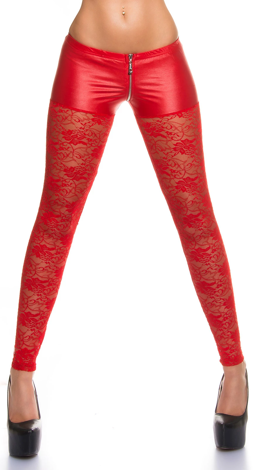 Gogo Spitzen Wet Look Leggings mit Hotpants-Effekt und Zipper Gogo Spitzen Wet Look Leggings mit Hotpants-Effekt und Zipper