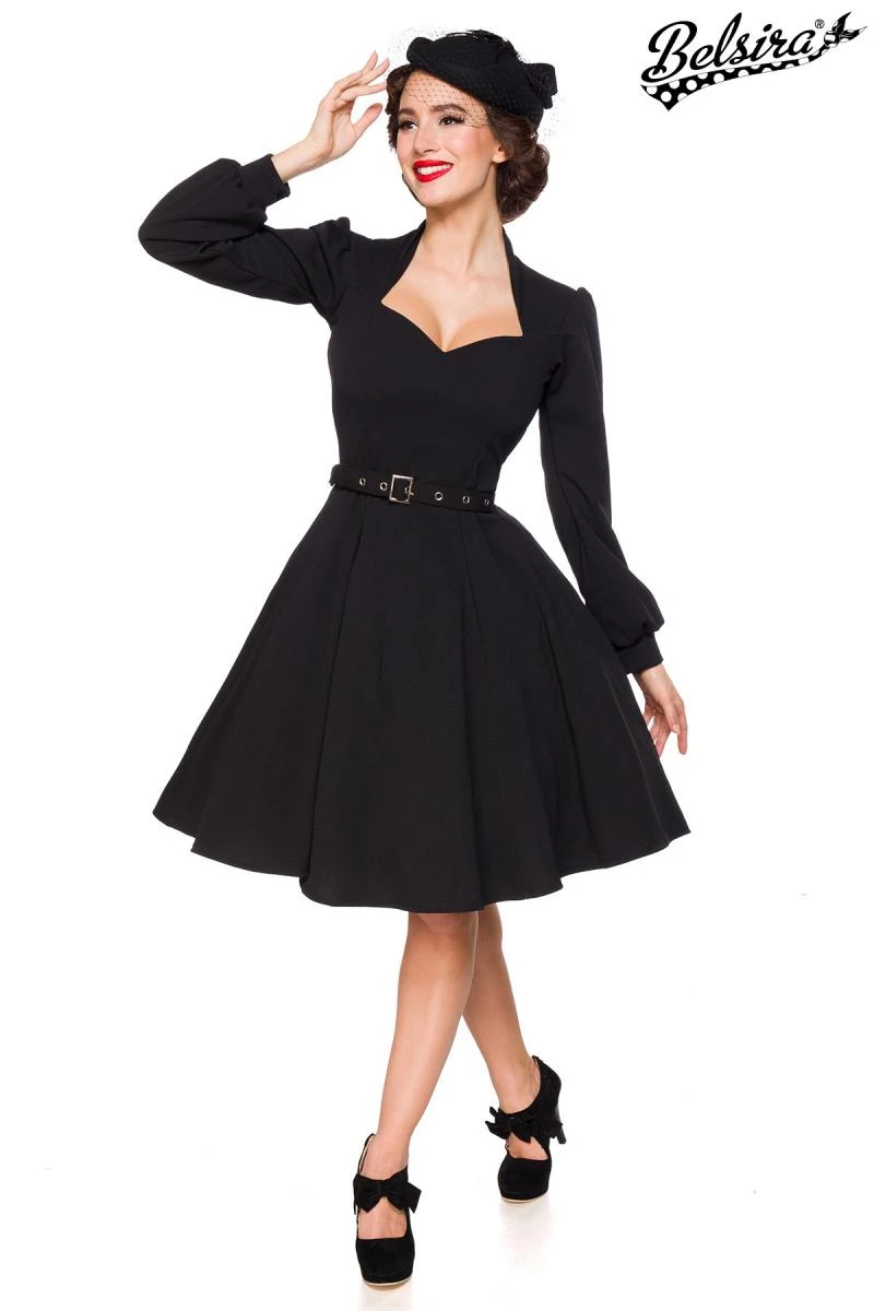 Damen Retro Kleid mit langen Ärmel mit Gürtel Damen Retro Kleid mit langen Ärmel mit Gürtel