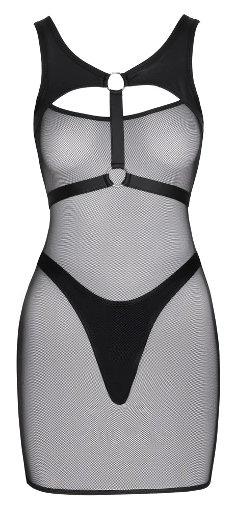 Schwarzes Netz-Minikleid mit Mattlook-Harness & hoch geschnittenem Riostring im raffinierten Set von Cottelli PARTY