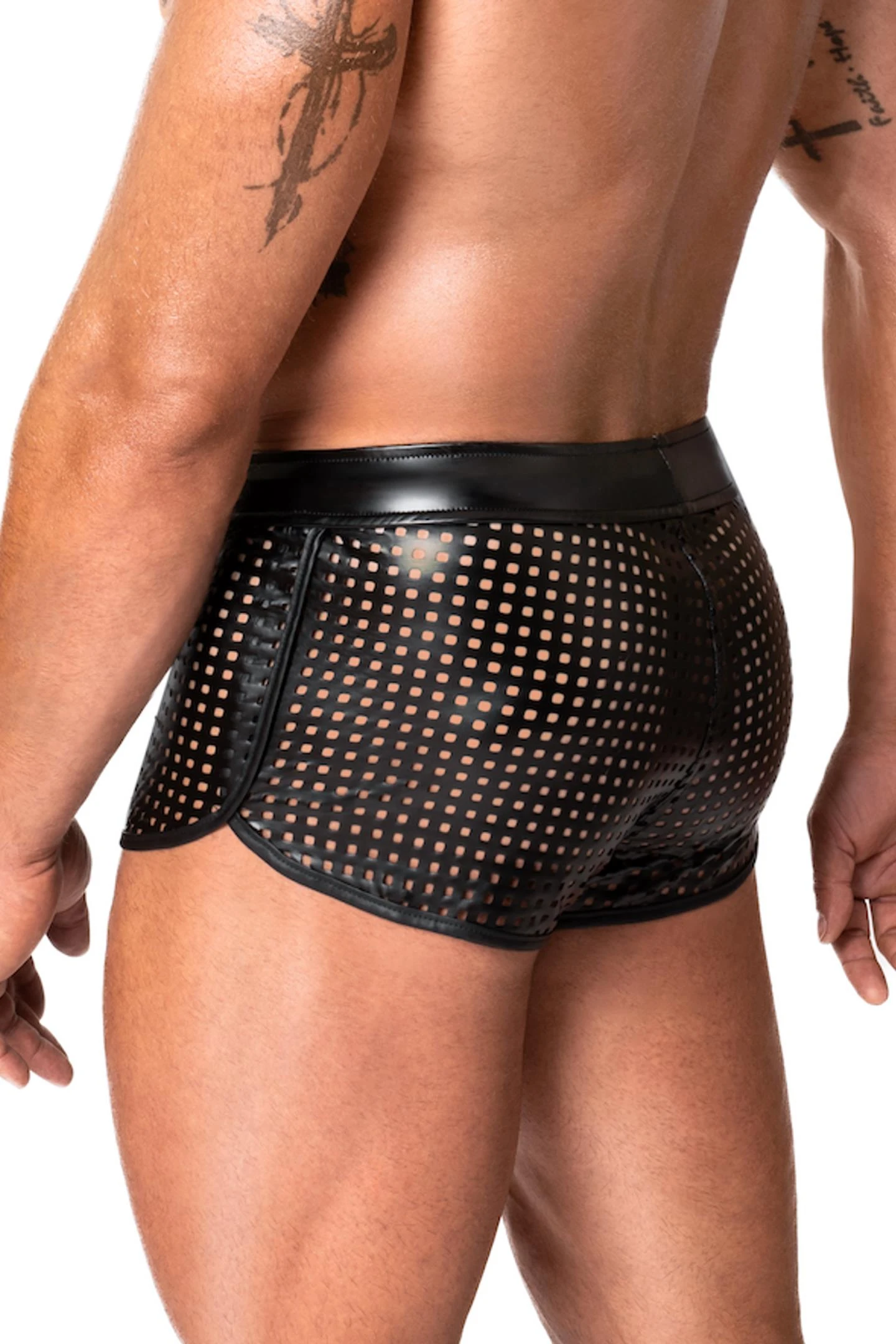 Auffällige Männer Noir Power Wetlook-Shorts mit elastischem Bund und perforiertem Design schwarze Shorts H079