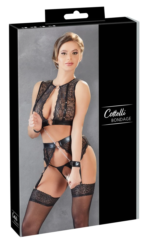 Cottelli verführerisches 3-teiliges Set aus Wetlook und Spitze mit Klettverschluss-Handfesseln