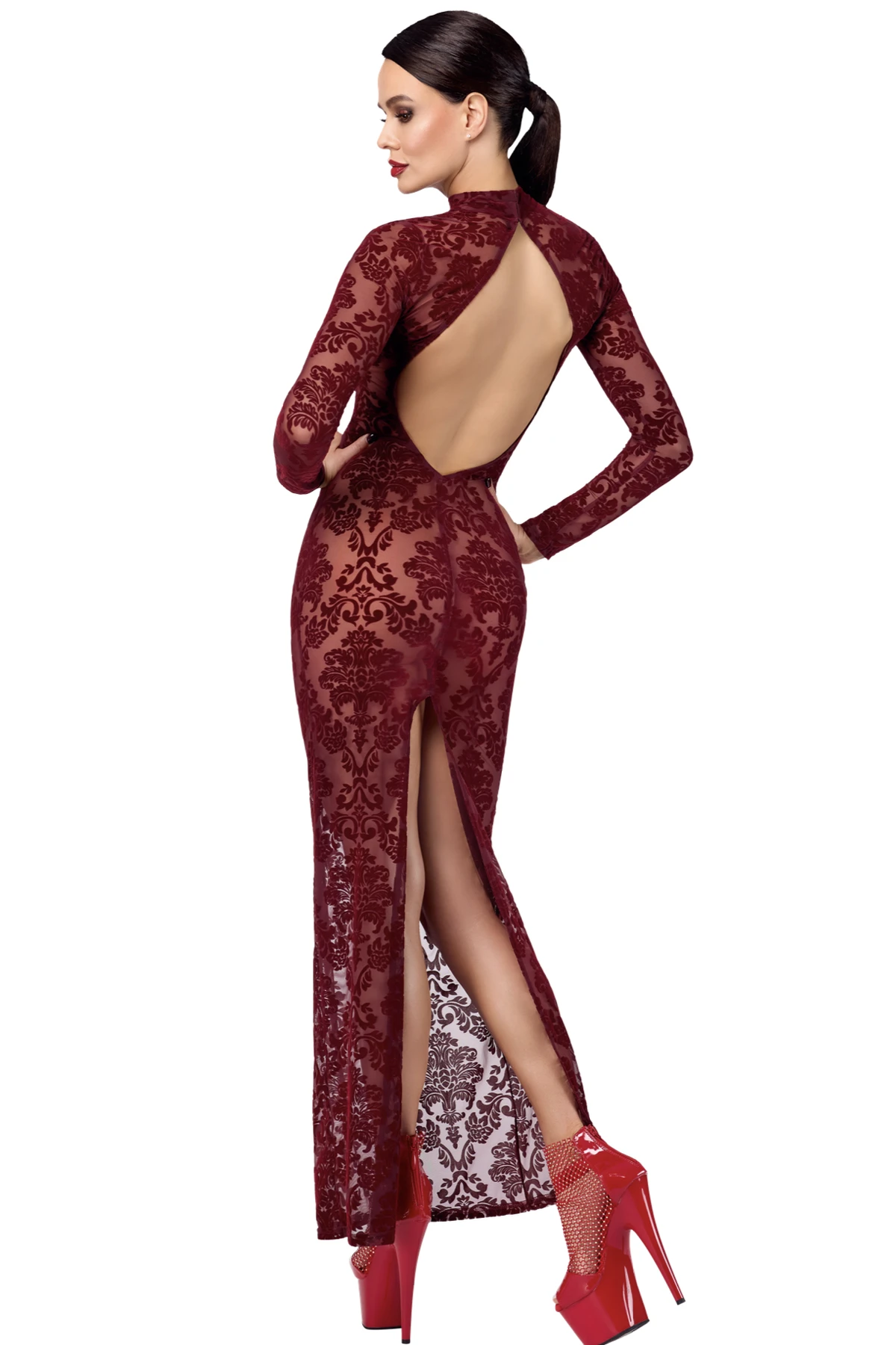F383 Langes Flockkleid Kinky Royal aus weichem elastischem Tüll mit luxuriöser Flockstickerei, tiefem Rückenausschnitt, hohem Kragen mit Hakenverschluss und verführerischem Gehschlitz – von Noir Handmade