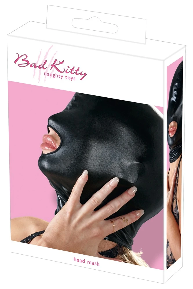 Bad Kitty Eng anliegende Kopfmaske im schwarzen, hochglänzenden Wetlook.
