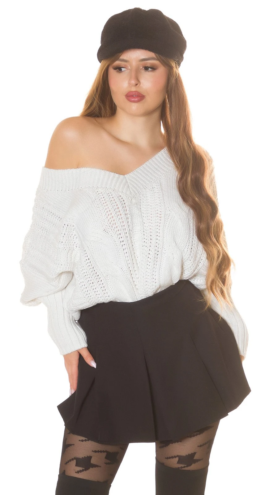 Strickpullover Oversize Pullover Feldermaus Pulli V-Neck mit Deko Schnürung