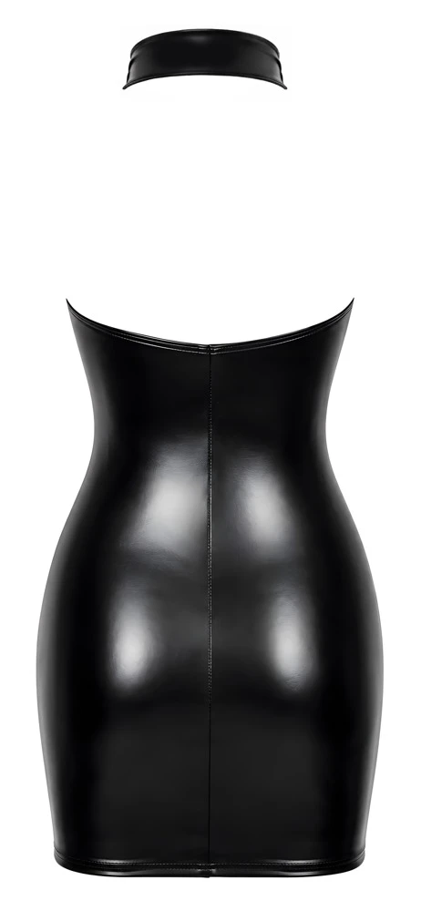 Noir Handmade Sexy Neckholder-Minikleid im schwarzen Powerwetlook mit glitzernden Transparent-Cups und durchgehendem 2-Wege-Reißverschluss