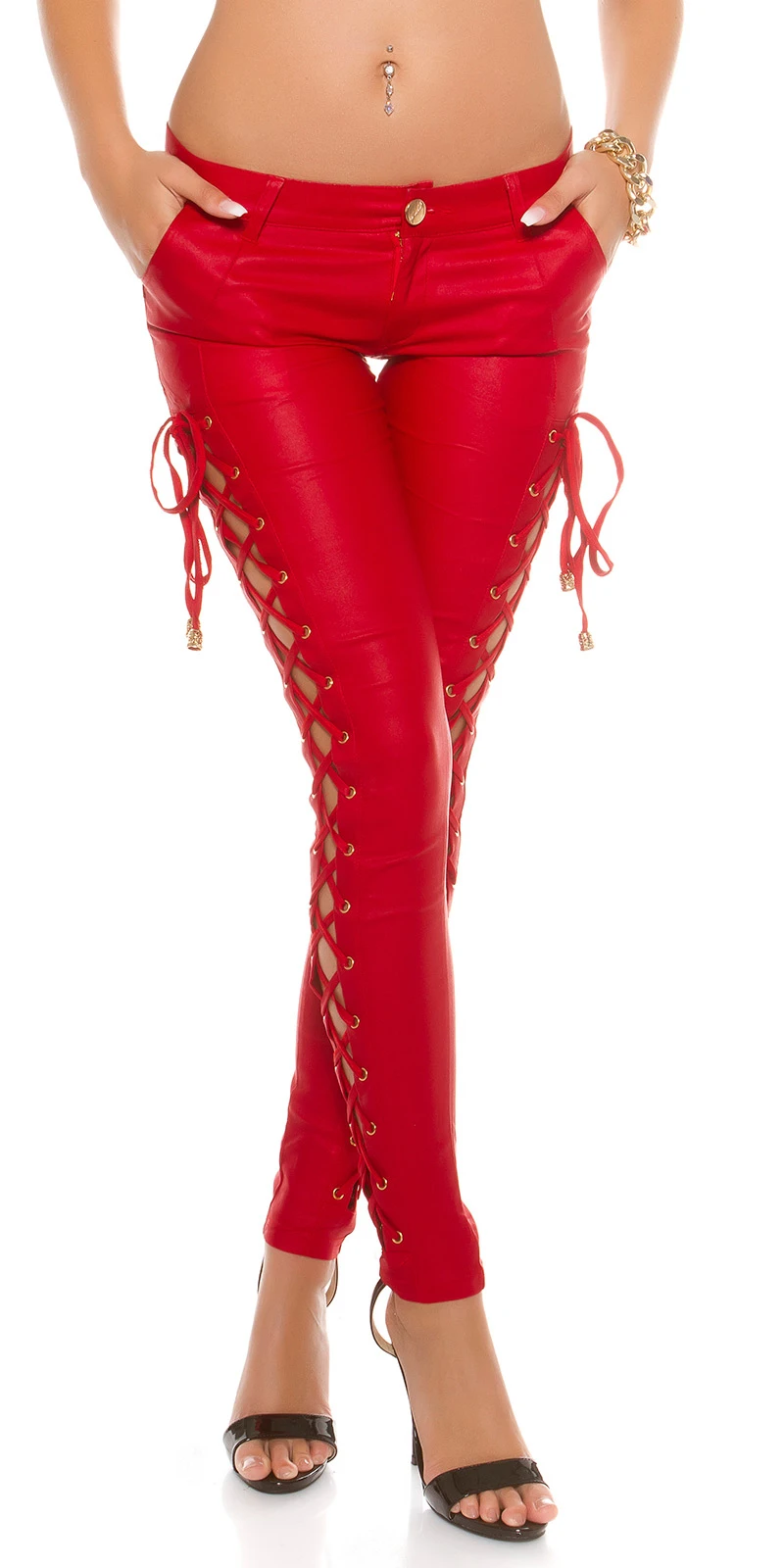 Reizvolle Röhren-Hose im Kunstleder-Look mit seitlicher Bein-Schnürung Reizvolle Röhren-Hose im Kunstleder-Look mit seitlicher Bein-Schnürung