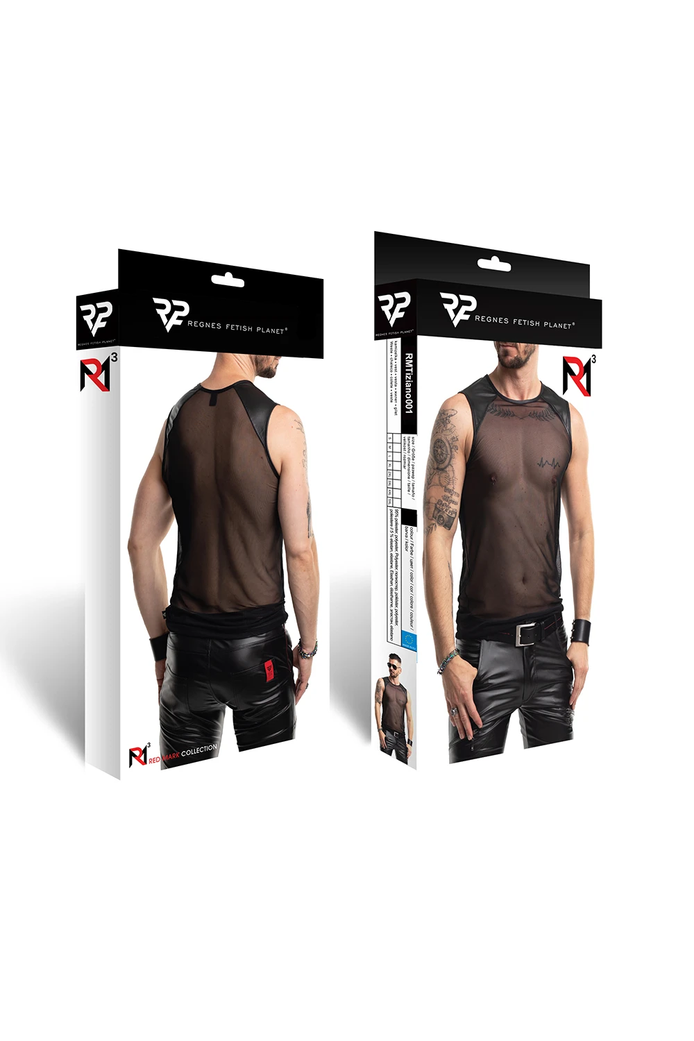 Herren Shirt RMTizian001 schwarz – transparentes Slim-Fit Tanktop mit Wetlook-Schultern für einen markanten Auftritt von Regnes Fetish Planet