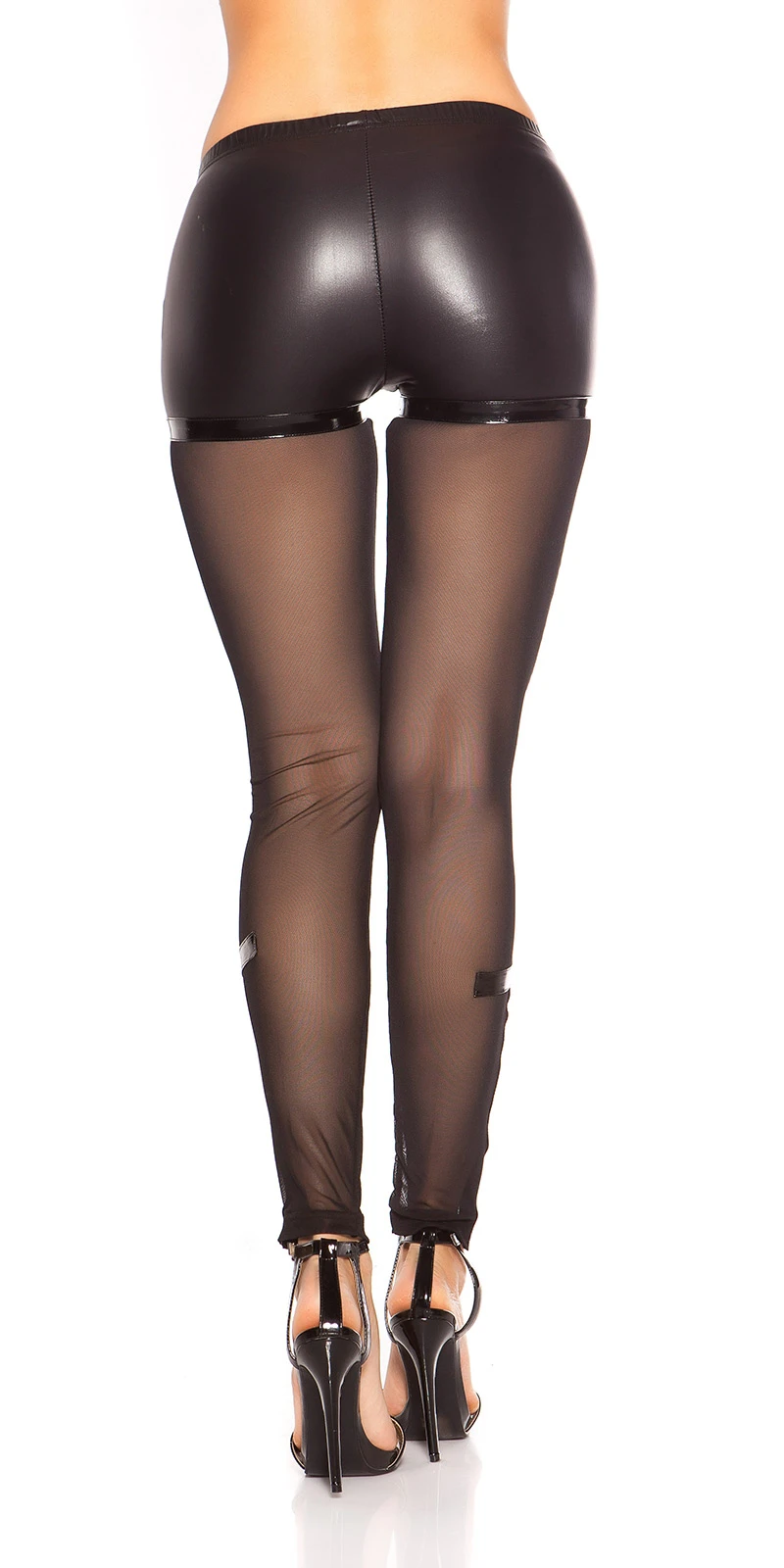 Extravagante Leggings im Wet-Look mit Mesh-Einsatz