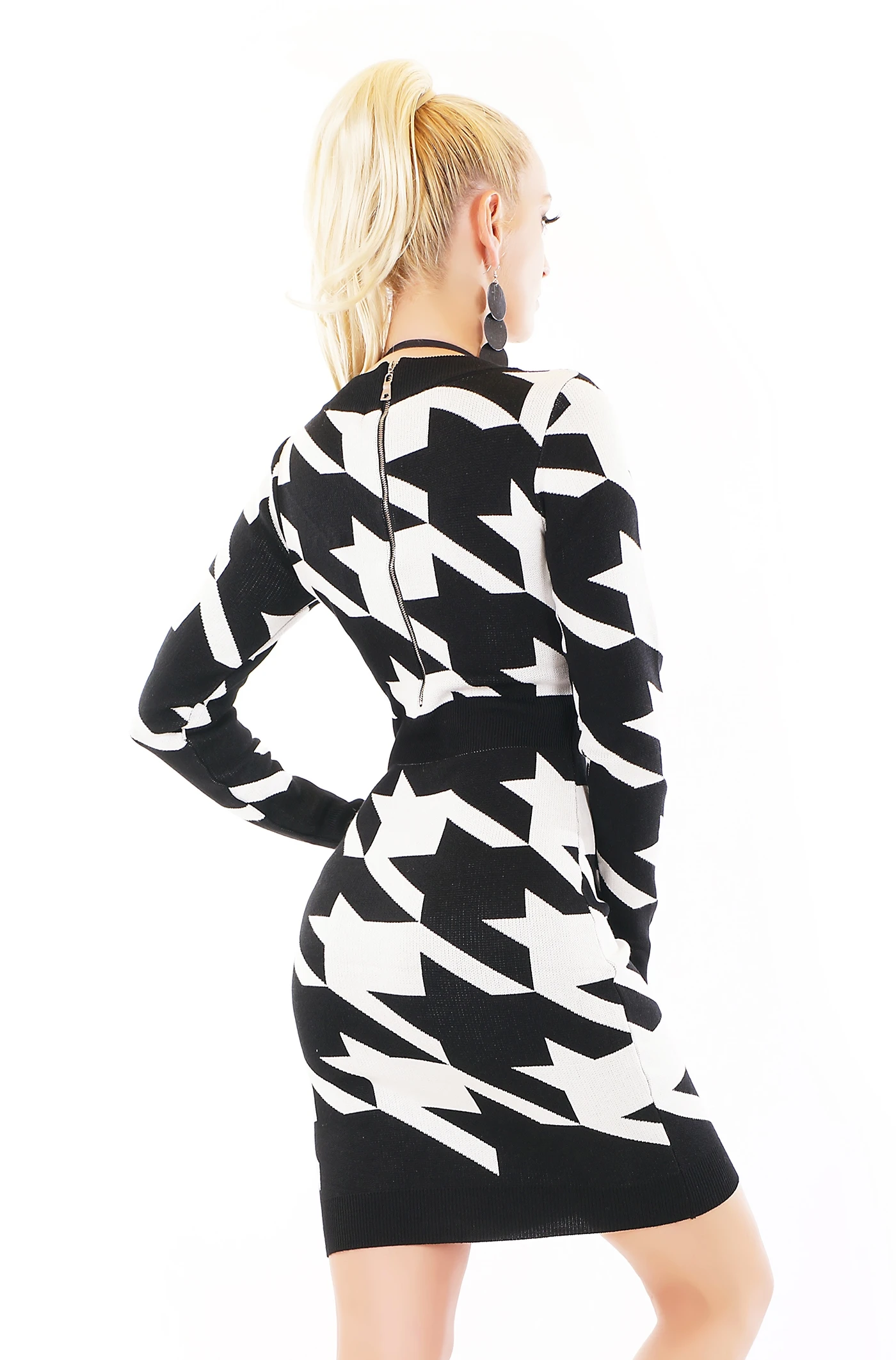 Business V-Neck Strick Minikleid mit Zipper und Hahnentritt-Muster