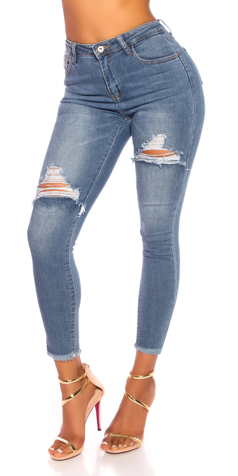 Mybestiny Highwaist Jeans im Destroyed-Look mit ausgefransten Löchern, Fransen-Beinabschluss & figurbetontem Baumwoll-Stretch