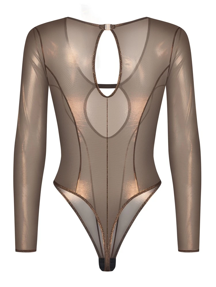 Schimmernder Langarm-Body Soranna in Bronze mit semitransparentem Rio-Design, hohem Bein und elegantem Nackenverschluss von Obsessive