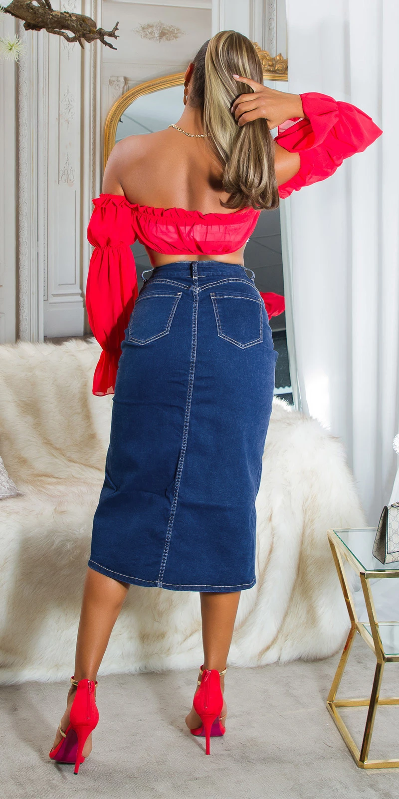 Dark Denim High Waist Midi Rock mit Schlitz vorne Dark Denim High Waist Midi Rock mit Schlitz vorne