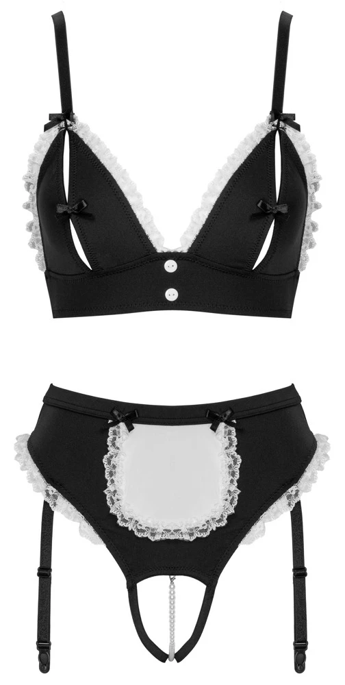 Servier-Set im 2-teiligen Dienstmädchen-Kostüm von Cottelli mit Ouvert-Bustier, Straps-String, Rüschen, Schleifchen und abnehmbaren verstellbaren Strapsen