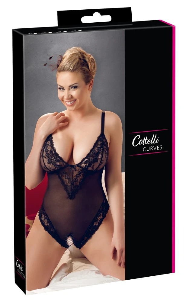 Cottelli Body Ouvert-Dessous aus semitransparentem Powernet und Blütenspitze in schwarz