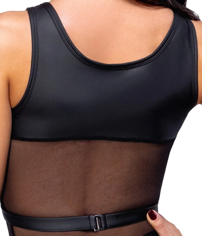 Schwarzes Netz-Minikleid mit Mattlook-Harness & hoch geschnittenem Riostring im raffinierten Set von Cottelli PARTY