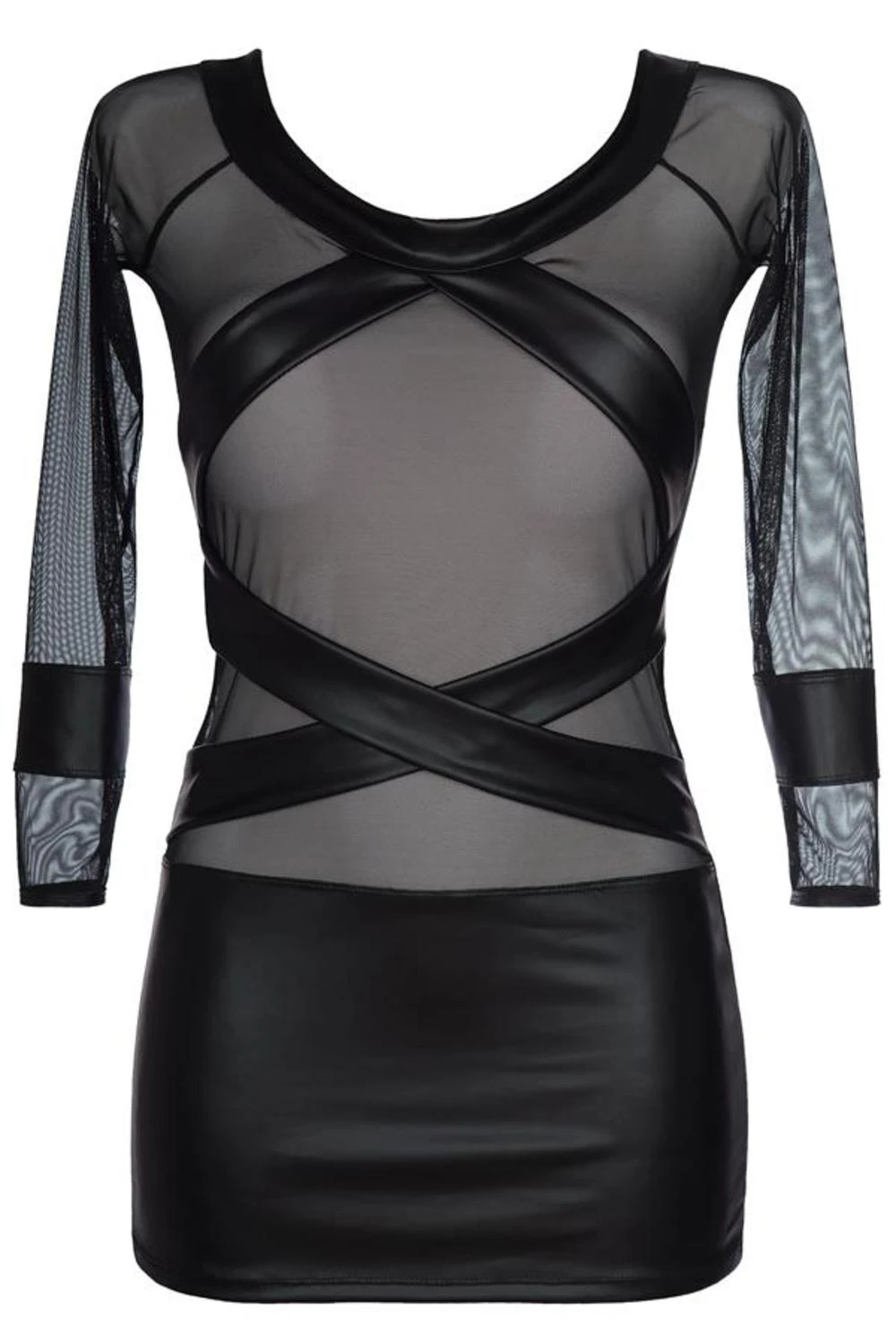 Axami mattes langarm Latex Minikleid mit Streifen aus schwarzem Tüll