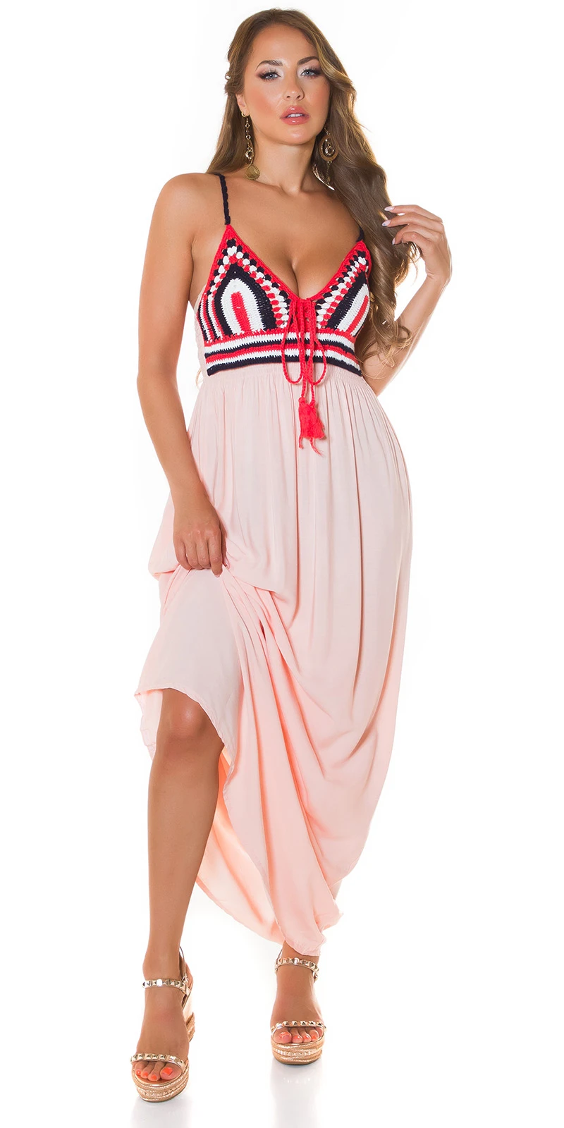 Boho V-Neck Träger Maxi Kleid mit Deko Häkel Partie