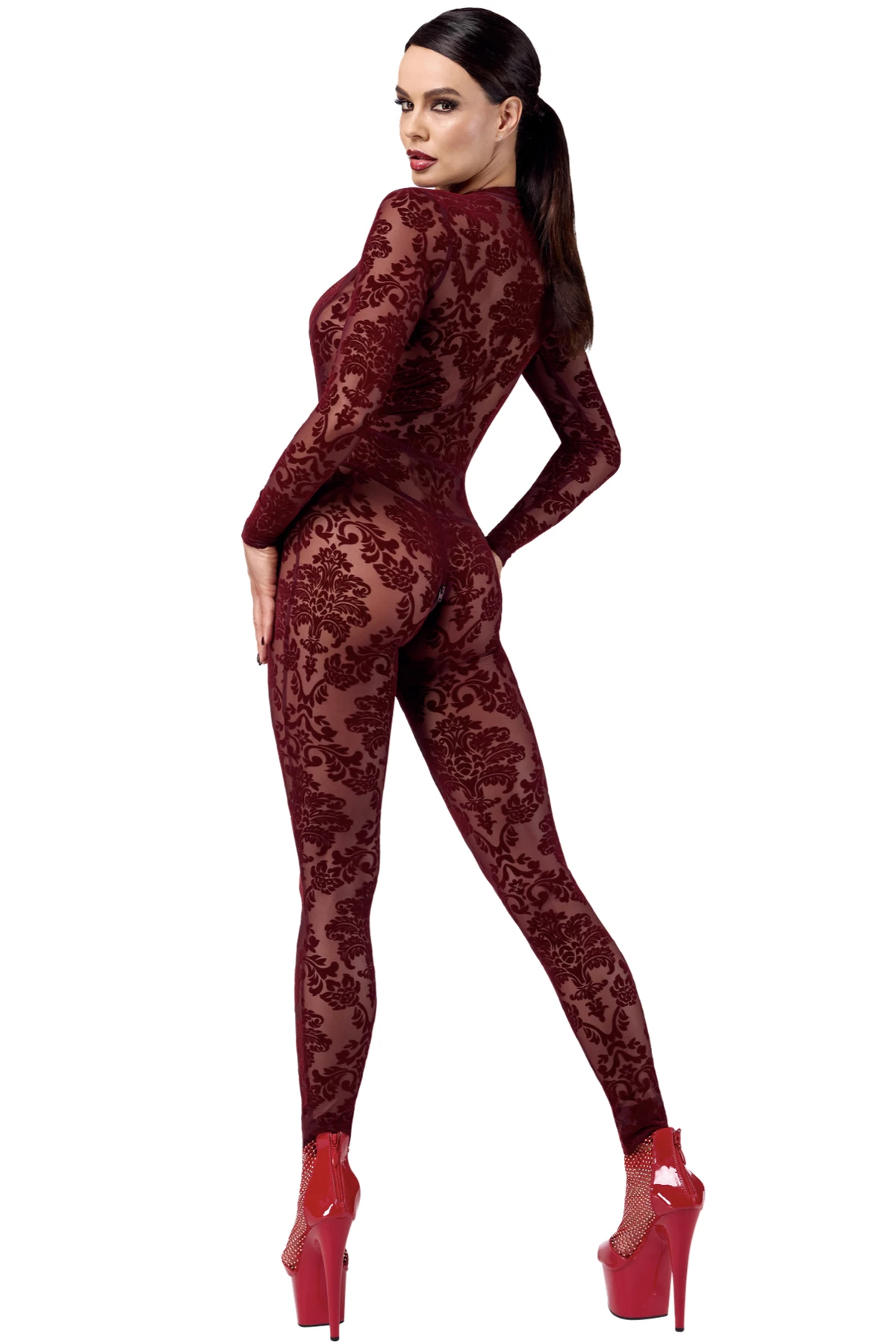 F382 Kinky Royal Overall burgunder aus transparentem Flocktüll mit tiefem Ausschnitt, figurbetonend, langen Ärmeln und 2-Wege-Reißverschluss im Schritt für einen heißen Look von Noir Handmande