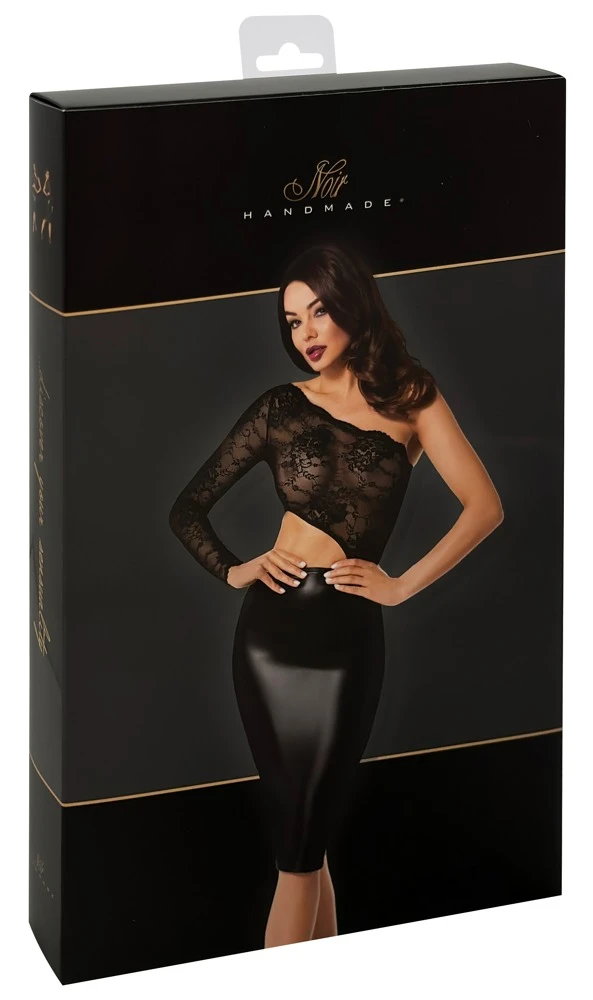 Noir F339 Asymmetrisches Kleid im Powerwetlook mit edlem Spitzen-Oberteil, knieumspielender Länge und hohem Tragekomfort