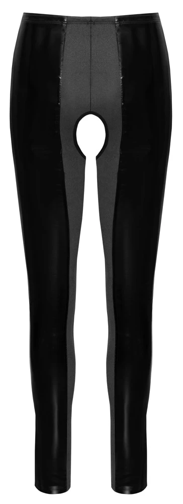 Lack-Leggings von Black Level mit einladend offenem Schritt. Im schwarzen Lackglanz mit Stretch-Einsätzen im Schritt  und den Innenseiten.