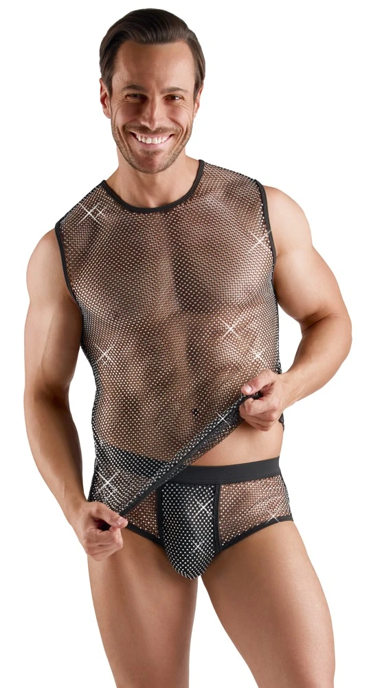 Provokantes Herren-Netzshirt in transparenter Schwarz-Optik mit funkelnden Glitzersteinchen und sinnlichem Wetlook-Flair von Svenjoyment