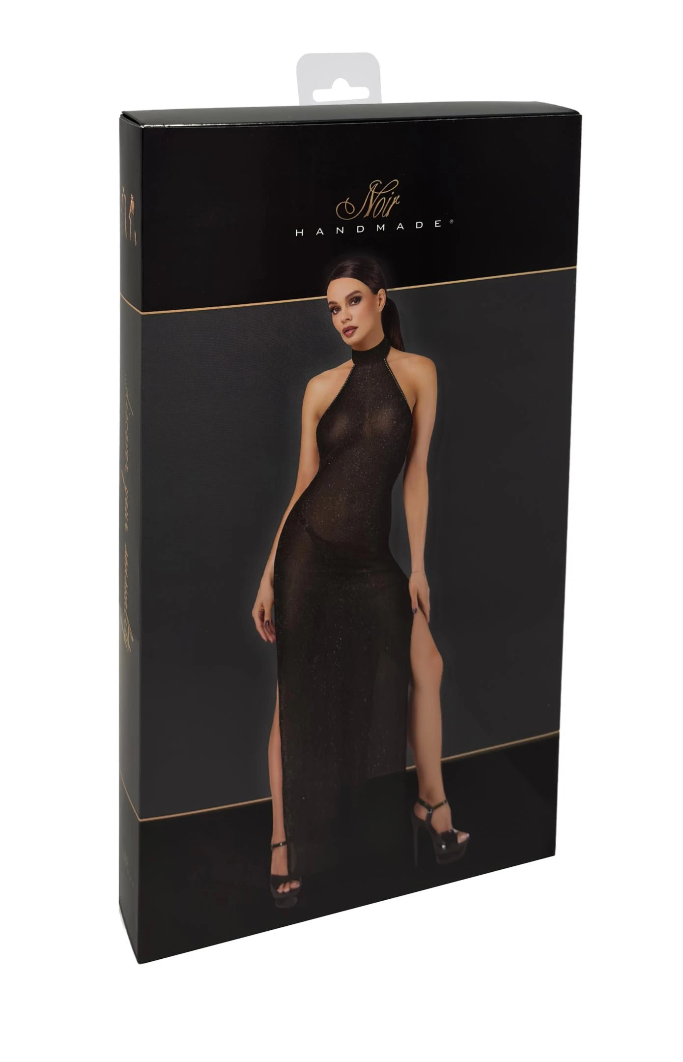 Langes Kinky Kleid Onyx Twin-slit von Noir Handmade aus schimmerndem Netzmaterial mit Strasssteinchen, tiefem Rückenausschnitt und doppelt geschlitztem Rock für einen ausdrucksstarken, glamourösen Look von Noir Handmande F372