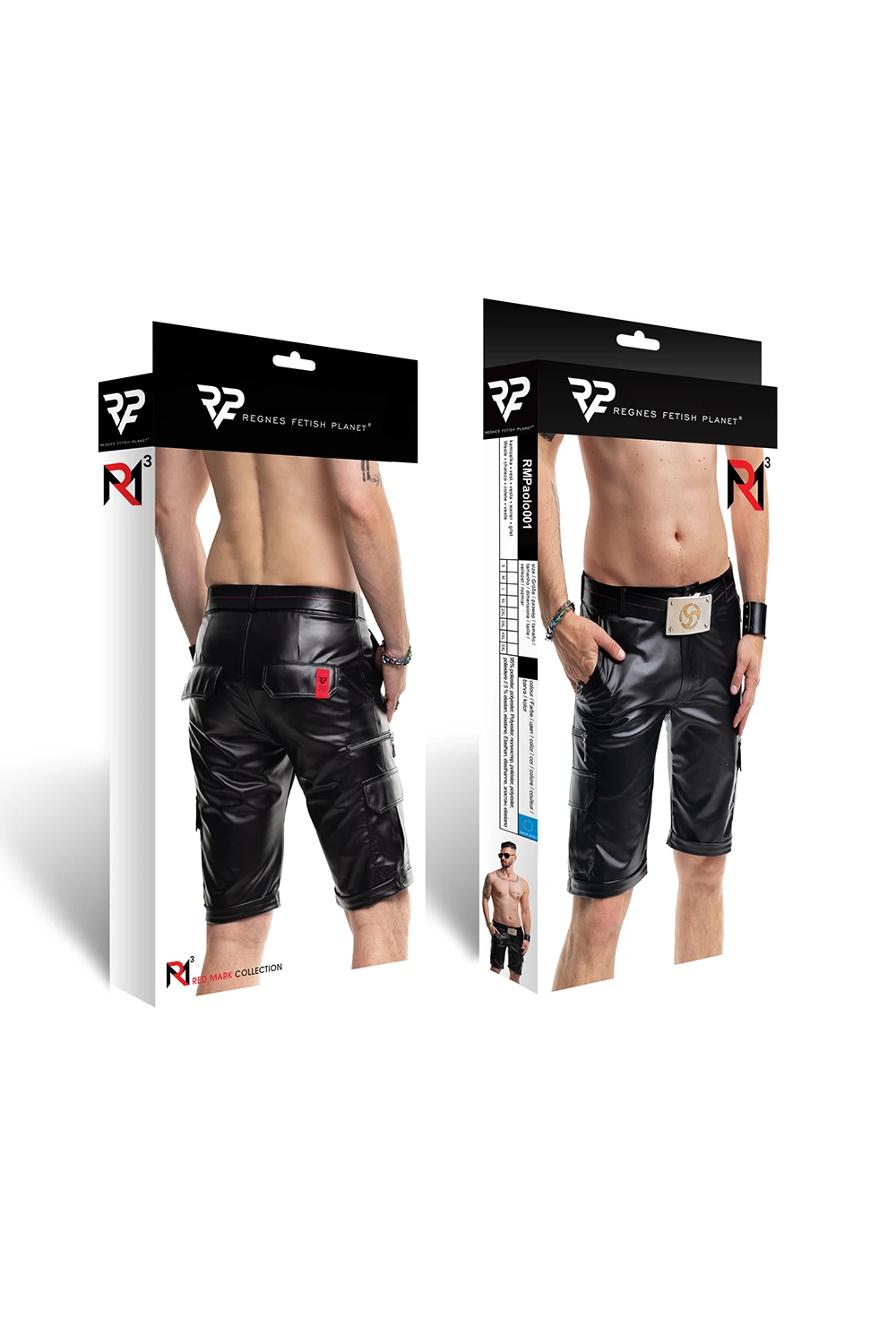 Herren Shorts RMPaolo001 in Schwarz aus mattem dehnbarem Wetlook mit Reißverschlusstaschen und markantem RFP-Logo-Patch  von Regnes Fetish Planet