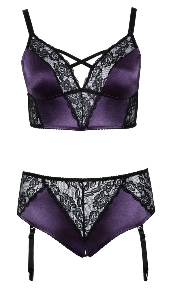 Cottelli Verführerisches Ensemble: Satin-Spitze Bralette mit ouvert-Slip und abnehmbaren Strapsen