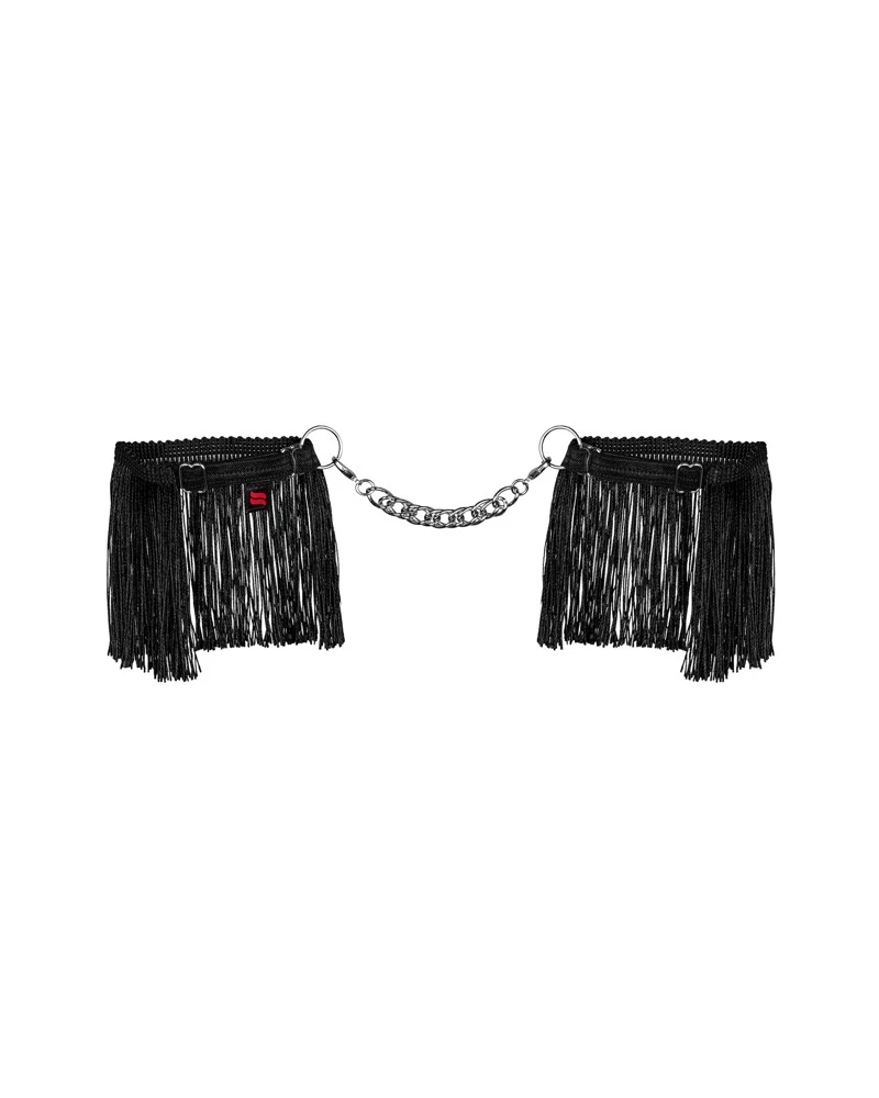 Obsessive Extravagante schwarze Handfesseln im Fransen-Look. Zwei komfortable, passend verstellbare Stretch-Armbänder sind rundherum mit glänzenden weichen Fransen besetzt