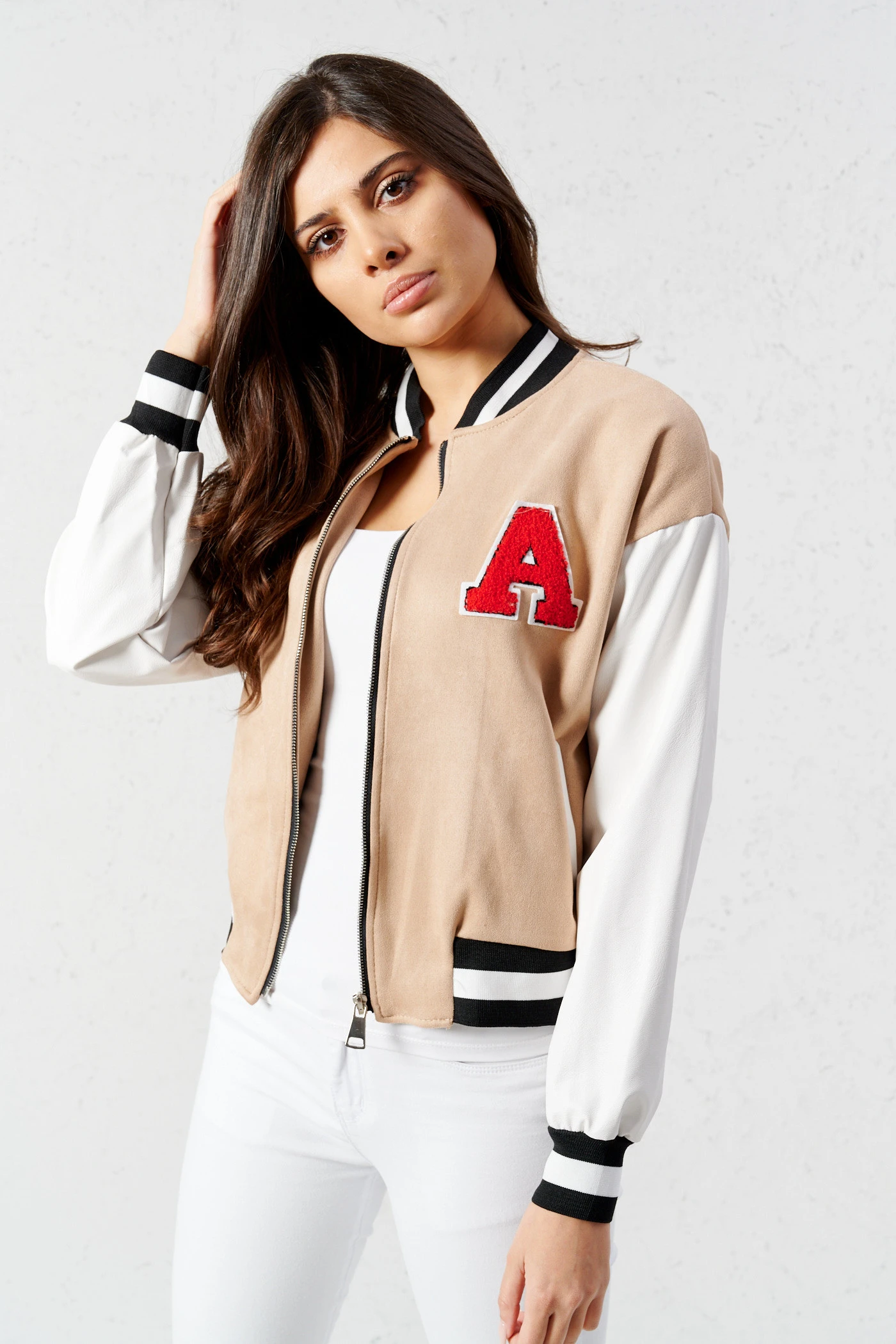College Varsity Velour Leder Zipper Jacke mit Logo College Varsity Velour Leder Zipper Jacke mit Logo