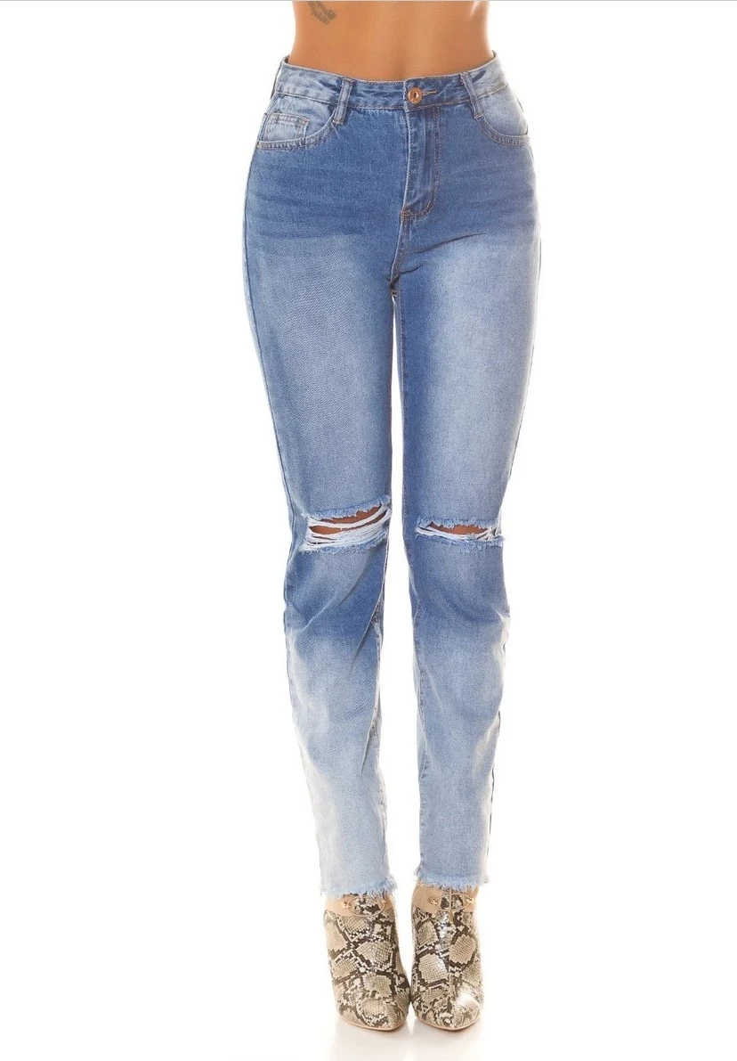 Ombre Look Printed Highwaist Mom Fit Cotton Jeans Hose Destroyed in Used Optik mit Löcher Ripped Ombre Look Printed Highwaist Mom Fit Cotton Jeans Hose Destroyed in Used Optik mit Löcher Ripped