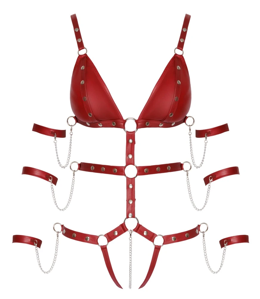 Extravaganter Body ouvert von Bad Kitty in Bondage-Optik aus weichen elastischen Riemen im edlen dunkelroten Mattlook.