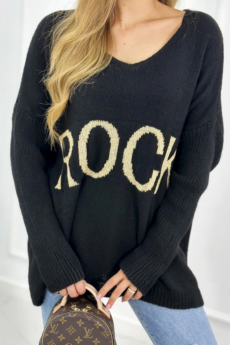 Oversize V-Neck Strick Pullover mit Schriftzug
