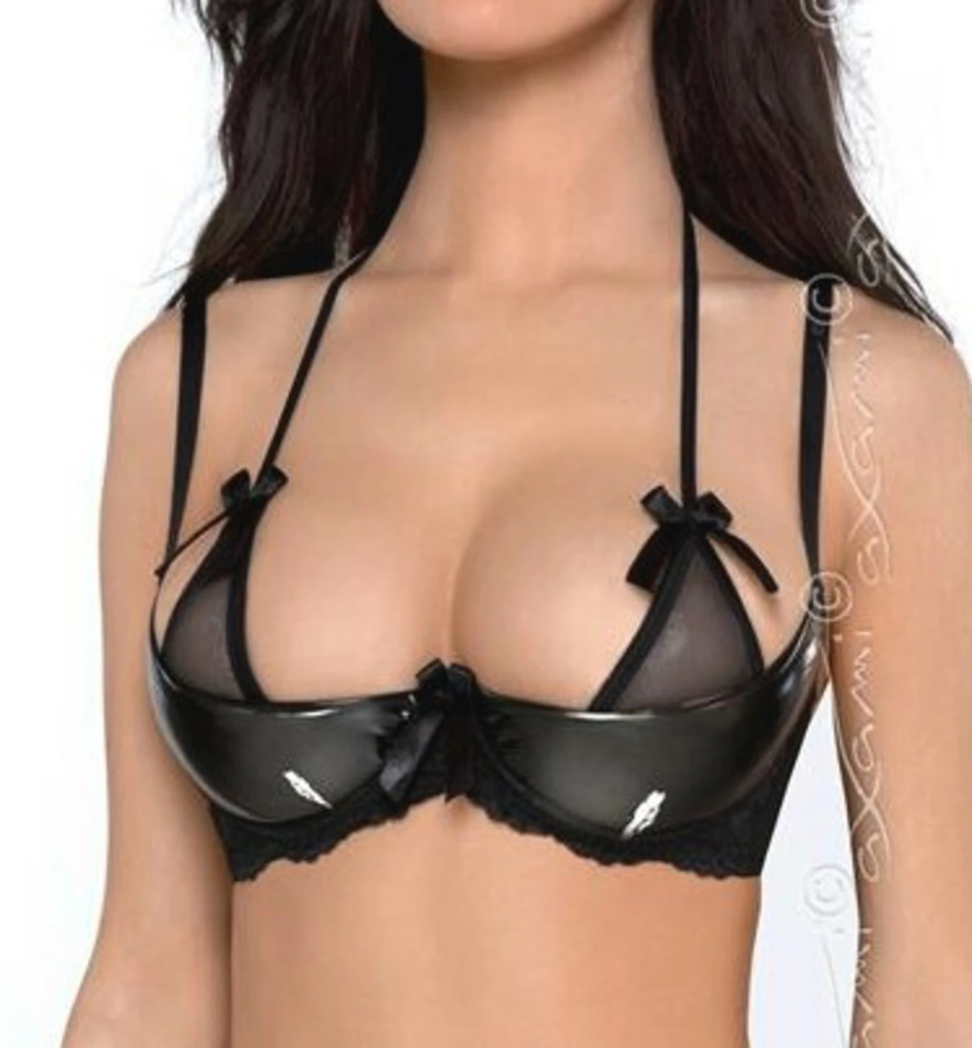 Axami schwarz glänzender Hebe BH mit Schleifen und Spitze