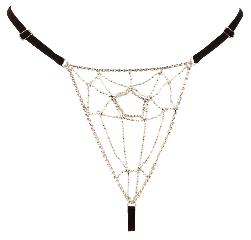 Cottelli LINGERIE Schmuckstring – erotischer Strass- & Perlenstring in Spinnennetz-Optik mit verstellbarem Bund und offenen Bändern